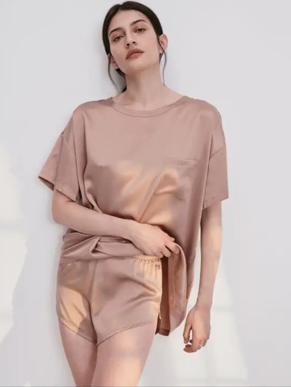 Lunya Washable Silk Tee Shorts Pajama Set Medium Blush Pink Luxe Lounge